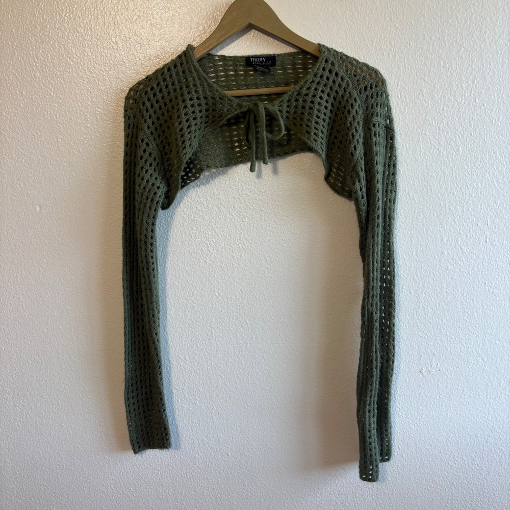 Thorn & Fable Sz Small Olive Green Open Knit Crochet Cropped Cardigan Whimsigoth